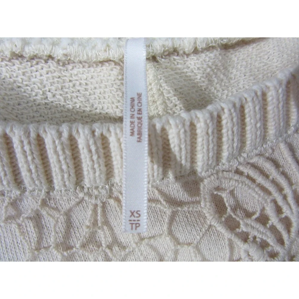 Free People Top Womens XS Ivory Cream Lace Knit Long Sleeve Crochet Boho Floral